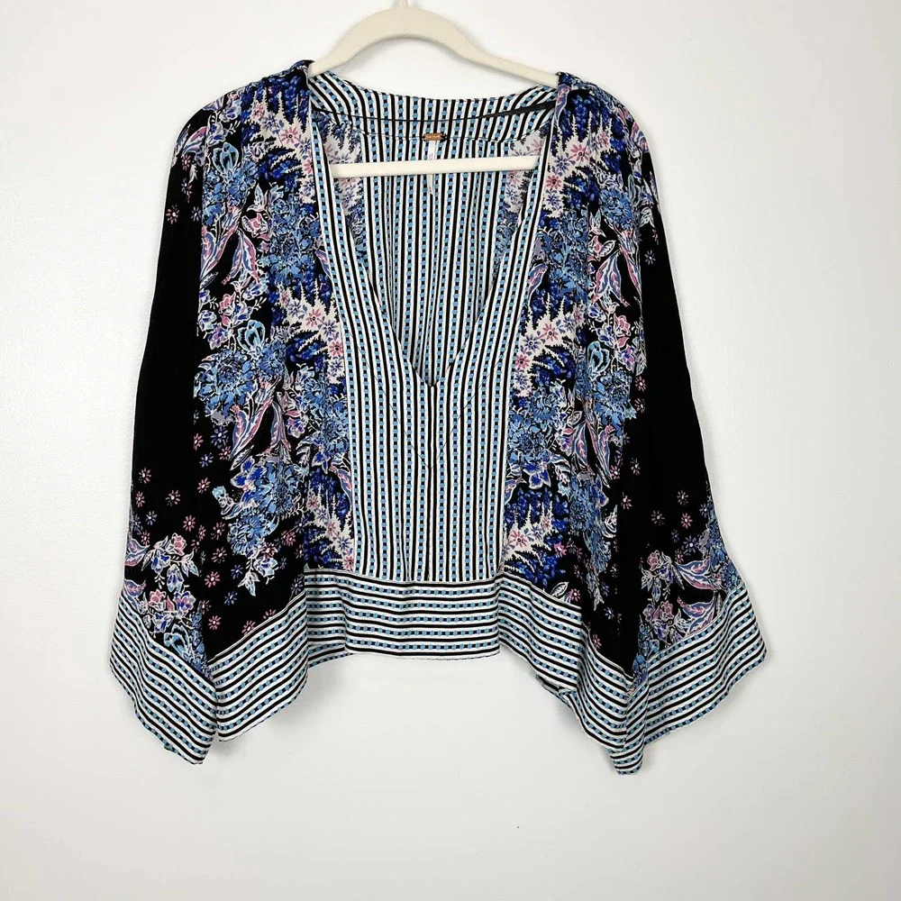 Free People Blue, Black, Purple Floral Stripe Mix N Match Blouse Top Size Medium - Picture 2 of 12